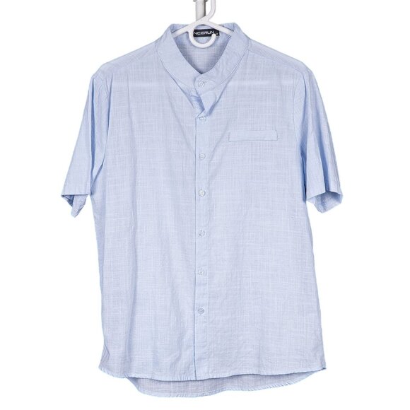 Incerun Button Up Shirt M Mens Blue Short Sleeve Cotton Textured Light Pocket - Picture 1 of 7